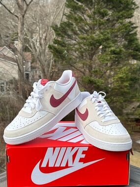 Nike Court Vision Low Womens 10 Mens 8.5 Creme Burgundy Casual Sneaker NEW